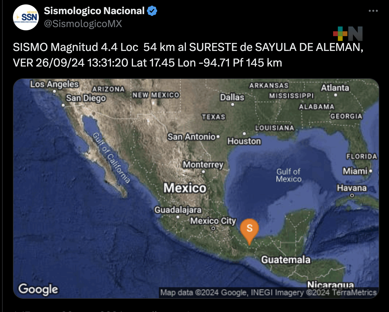 Se registra sismo magnitud 4.4 al sur de Veracruz, en Sayula de Alemán: SSM